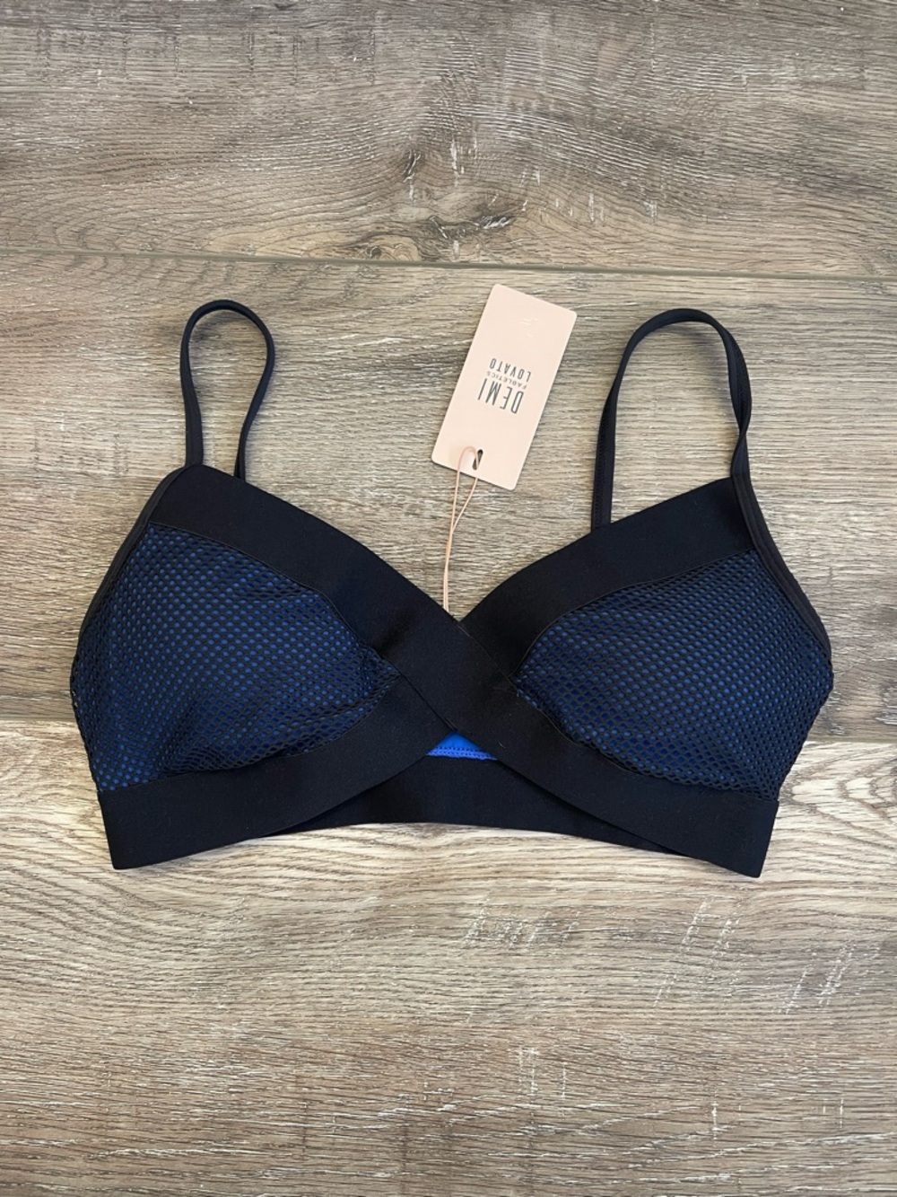 Fabletics Demi Lovato blue and Black Mesh Crossover sports bra NWT Size S